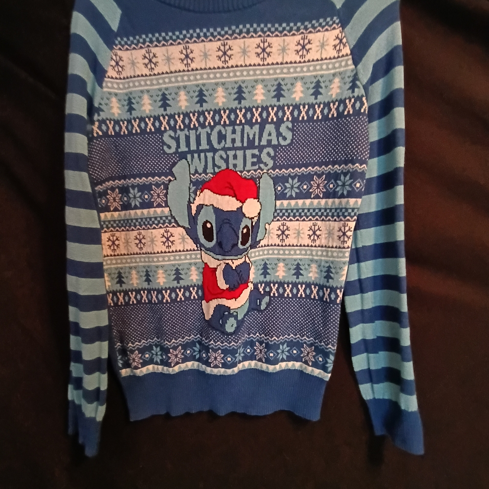 Navy Blue Disney Stitch Crewneck Sweater with Fair Isle Pattern